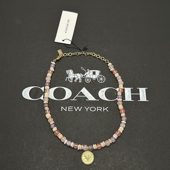 NWT Coach Rexy Coin Beaded Choker Necklace Gem Stone Charm Adjustable Dinosaur - Picture 5 of 10